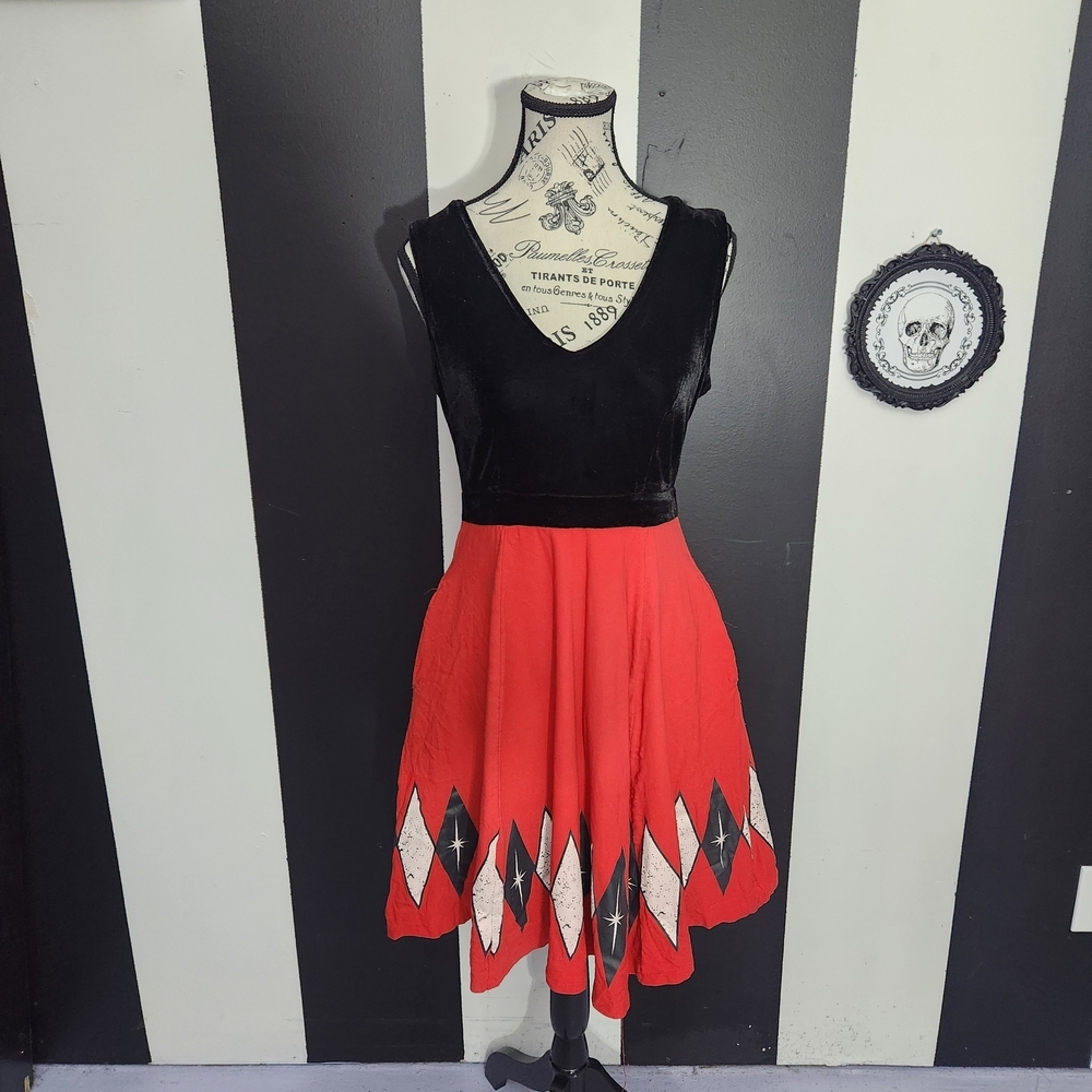 Sourpuss Black Velvet Top with Red Diamond Skater Skirt